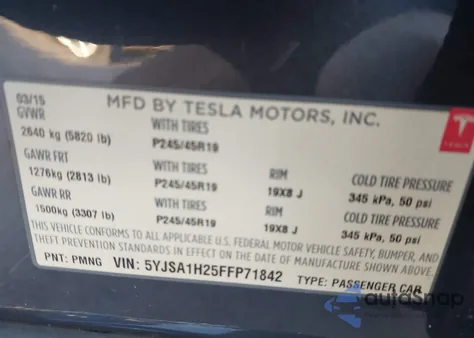 2015 Tesla Model S 70D/85D/P85D из США, поврежденный, VIN 5YJSA1H25FFP71842
